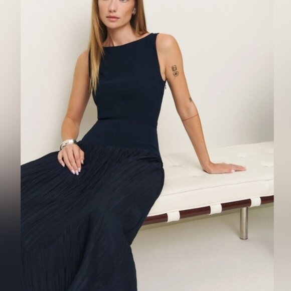 NEW Reformation Cyra Drop Waist Dress Midnight Navy Blue | US 2 UK 4 - Picture 6 of 15